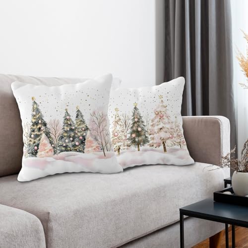 Christmas Tree Pillow Covers Set of 2 - Pink and Gold Holiday Decor 18x18 Inches