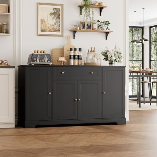 54-Inch Black Kitchen Buffet Cabinet with Storage Drawers & Shelves