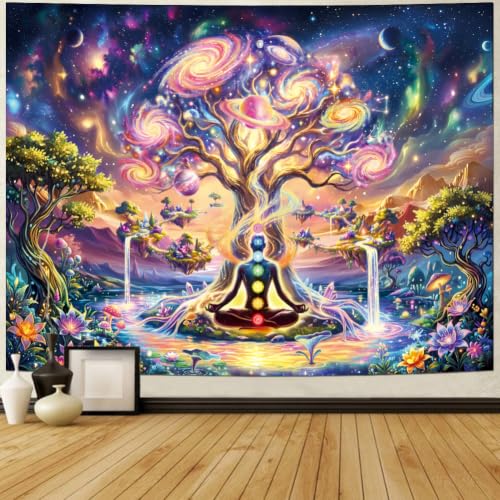 Pink Nebula Chakra Tree of Life Tapestry UV Reactive Space Wall Hanging - 59.1 x 51.2 inches