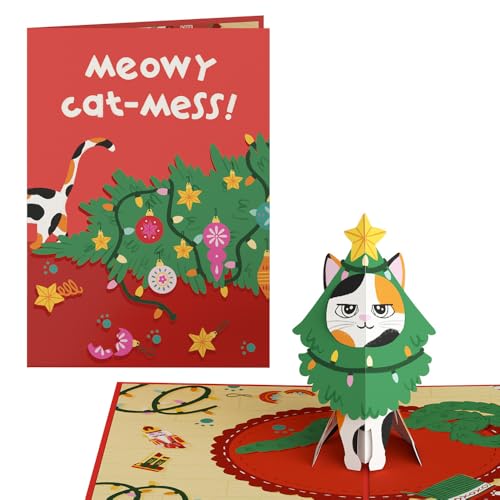 Meowy Cat-mess Christmas Pop-Up Card with Notecard & Envelope - Funny Feline Holiday Greeting