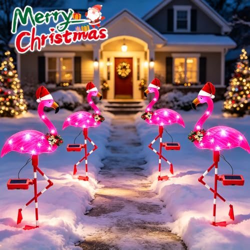 Pink Flamingo Solar Christmas Yard Decorations - 2 Pack Outdoor Lights