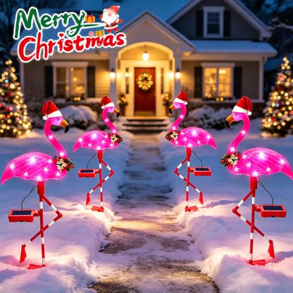 Pink Flamingo Solar Christmas Yard Decorations - 2 Pack Outdoor Lights