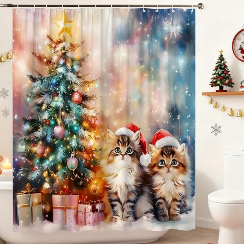 Christmas Shower Curtain 70x70 Inches Holiday Cats & Winter Scene Polyester - Variation of THIS listing