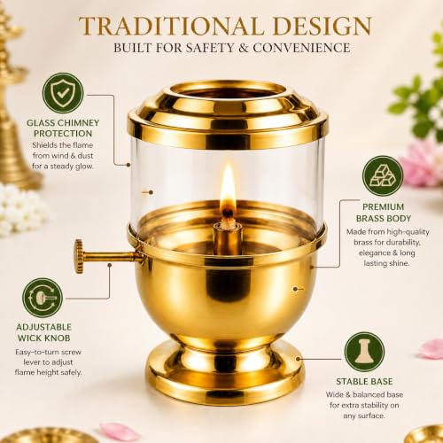Pure Brass Akhand Jyot Diya with Borosilicate Glass Cover - 96-Hour Burn Time, 450ml