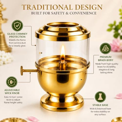 Pure Brass Akhand Jyot Diya with Borosilicate Glass Cover - 96-Hour Burn Time, 450ml