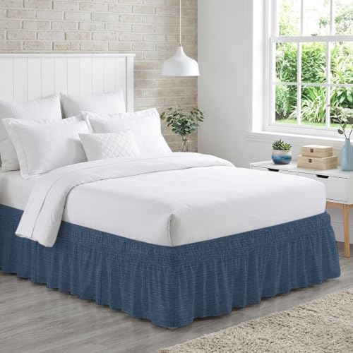 Dark Blue Queen Size Bed Skirt 16-Inch Drop Elastic Dust Ruffle Wrap Around