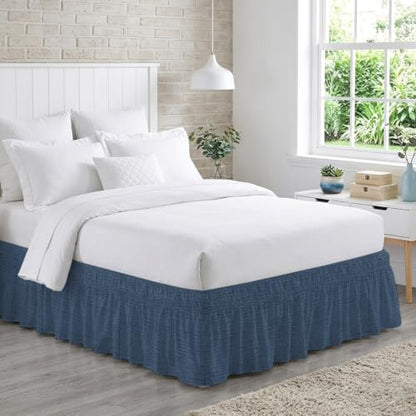 Dark Blue Queen Size Bed Skirt 16-Inch Drop Elastic Dust Ruffle Wrap Around
