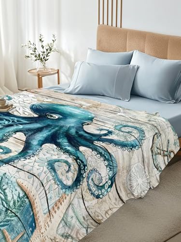 Turquoise King Size Flat Sheet Ocean Nautical Bedding Microfiber Breathable