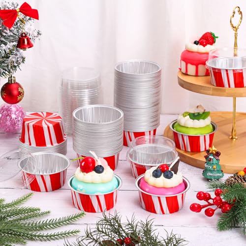 120Pcs Christmas Aluminum Foil Cupcake Liners with Lids - Red & White Holiday Party Bakeware