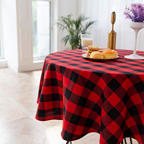 Red & Black Buffalo Check Christmas Round Tablecloth 60 Inch Cotton Linen