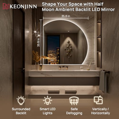 Keonjinn 36x36 Inch Half Moon Backlit Bathroom Mirror with HD Tempered Glass - Vertical Cut