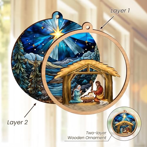 Nativity Scene Wooden Christmas Ornament - Faith Holiday Decor - Religious Gift