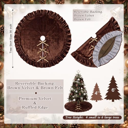Velvet Christmas Tree Skirt 36 Inches Bow Style Brown - Holiday Decor