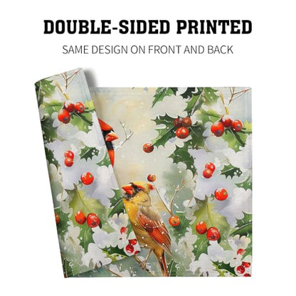Winter Birds Berry Christmas Placemats Set of 4, 12x18 Inch Linen Holiday Decor