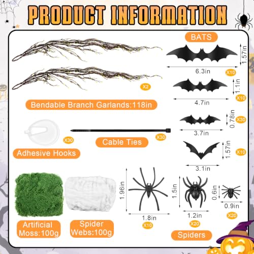 Halloween Artificial Tree Branches Set - 118 Inch Haunted Forest Decor with Spiders Bats and Webs