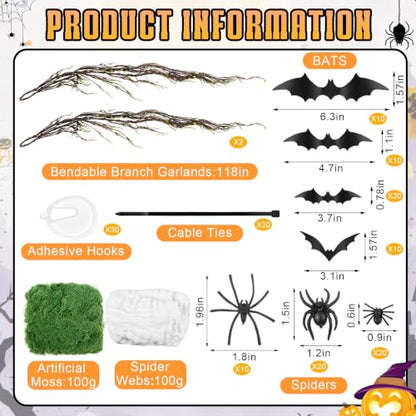 Halloween Artificial Tree Branches Set - 118 Inch Haunted Forest Decor with Spiders Bats and Webs