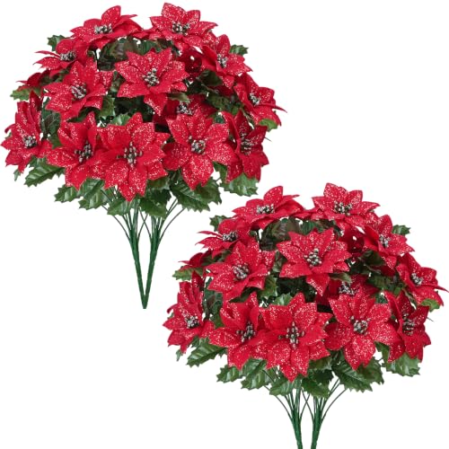 Xmas A-4 Pcs Christmas Cemetery Flowers for Grave Artificial Poinsettias - 48 Stems
