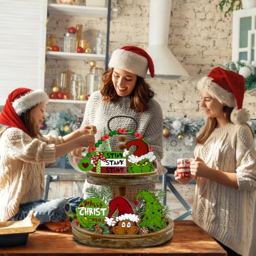 Christmas Tiered Tray Decor Set - Farmhouse Holiday Wooden Signs & Garland