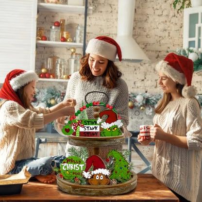 Christmas Tiered Tray Decor Set - Farmhouse Holiday Wooden Signs & Garland