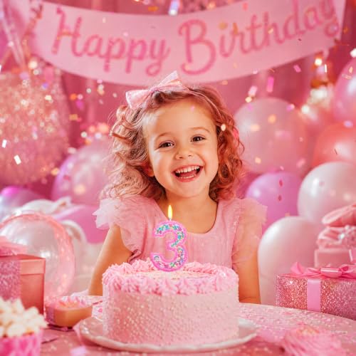 Rainbow Sprinkles Number 3 Candle for 3rd Birthday Decorations - Hot Pink