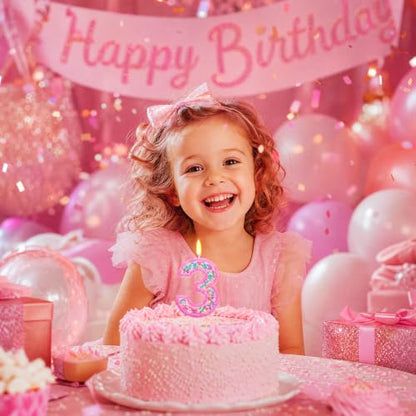 Rainbow Sprinkles Number 3 Candle for 3rd Birthday Decorations - Hot Pink