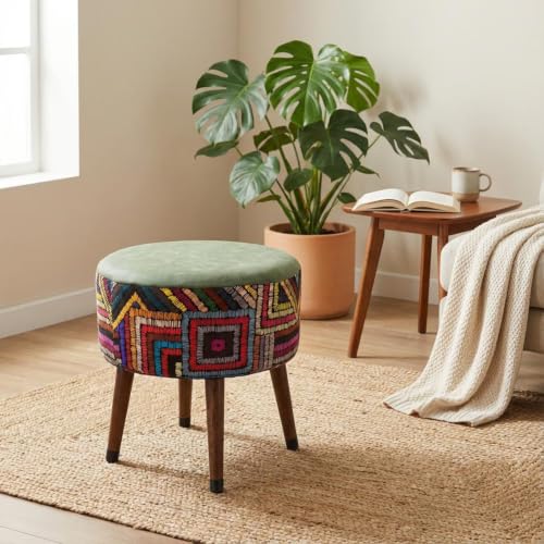 Bohemian Rainbow Pouf Ottoman Foot Rest - Round Living Room Decorative Stool