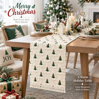 Christmas Table Runner 13x72 Inch with Tassels and Festive Tree Design - Soft Plush, Holiday Decor