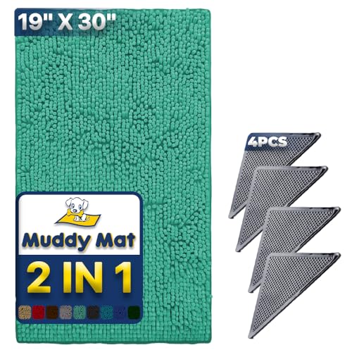 Muddy Mat® | Absorbent Microfiber Chenille Door Mat Atlantic Blue 18" x 28" with Heavy Duty Non-Slip Rug Corner Pad (Pack of 4)- Double-Sided Adhesive Pad for Corners - Ultimate Floor Protection Combo