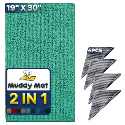 Muddy Mat® | Absorbent Microfiber Chenille Door Mat Atlantic Blue 18" x 28" with Heavy Duty Non-Slip Rug Corner Pad (Pack of 4)- Double-Sided Adhesive Pad for Corners - Ultimate Floor Protection Combo