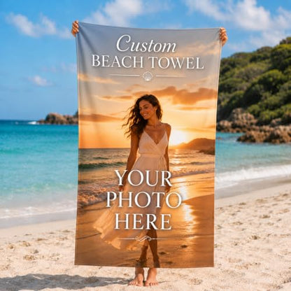 Personalized Beach Towel with Photo and Name - 30x60 Custom Beach Towel - 1 Photo Variation