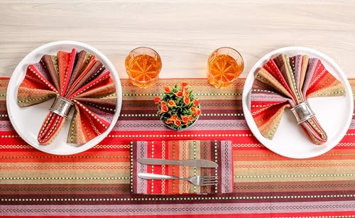 Red Multi 16x72 Inch Cotton Table Runner with Fringes - Salsa Stripe for Holidays