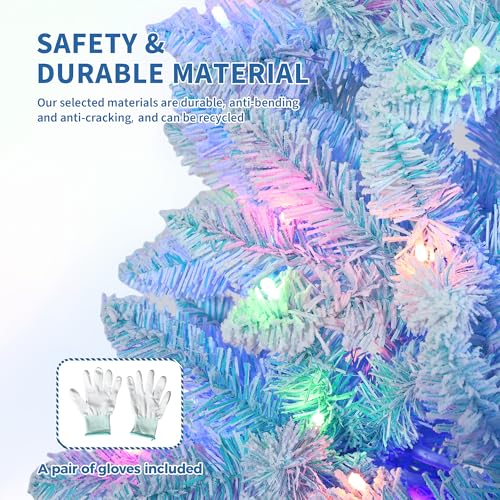 6 Ft Prelit Artificial Christmas Tree with RGB & Warm White Lights - Snow Flocked, Blue Gradient - Foldable Base