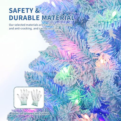6 Ft Prelit Artificial Christmas Tree with RGB & Warm White Lights - Snow Flocked, Blue Gradient - Foldable Base