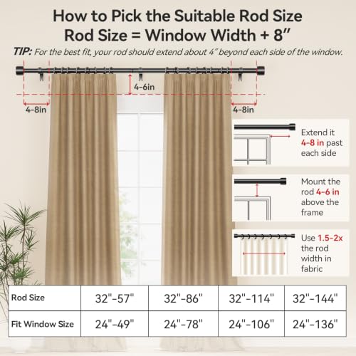 Black Curtain Rod 32-86 Inches Telescoping Metal Rod for Windows - 2 Pack
