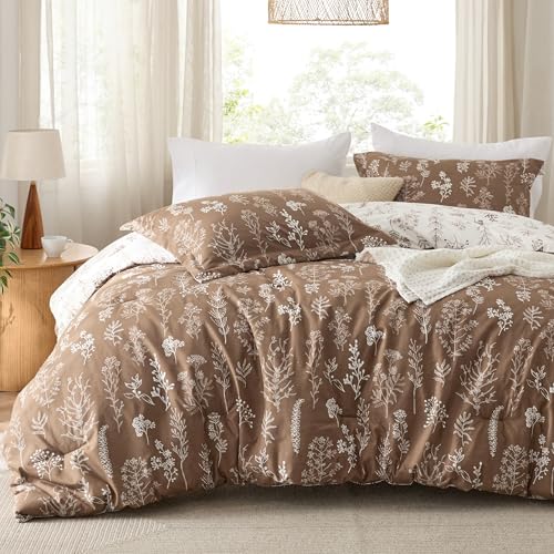 Bedsure Full Comforter Set - Bright White Bed Set, 3 Pieces Cute Floral Bedding, 1 Soft Reversible Botanical Flowers Comforter and 2 Pillow Shams