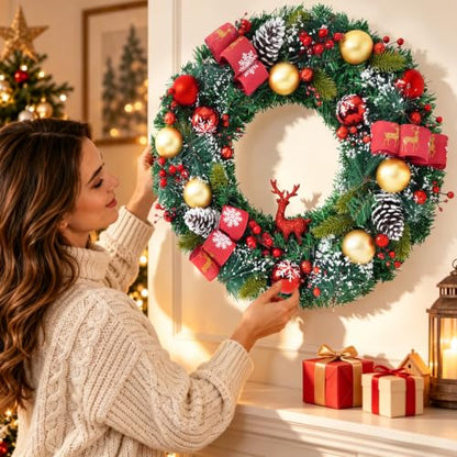20-Inch Christmas Wreath with Lights Red & Green Reindeer Berries Cones Pine Needles - Front Door Decor