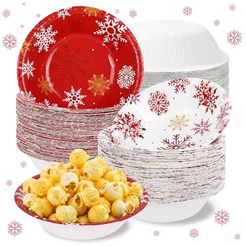Disposable Winter Paper Bowls Set - Red White Snowflake Pattern, 12 Oz, 100 Pack