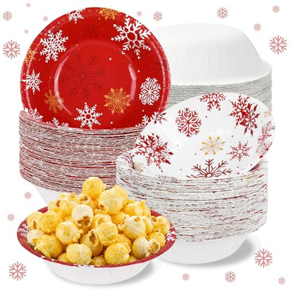 Disposable Winter Paper Bowls Set - Red White Snowflake Pattern, 12 Oz, 100 Pack