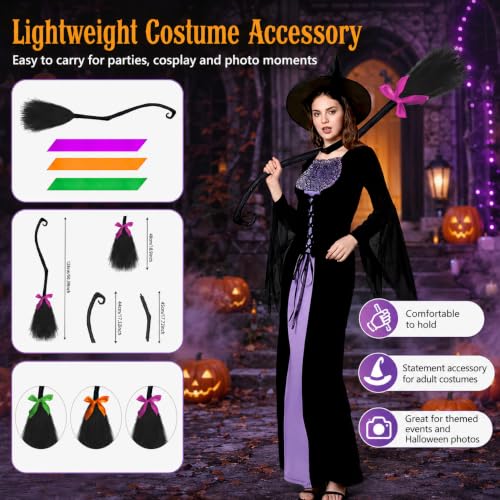 Halloween Witch Broomstick with 3 Ribbons - 50 Inch Costume Prop & Decor Set