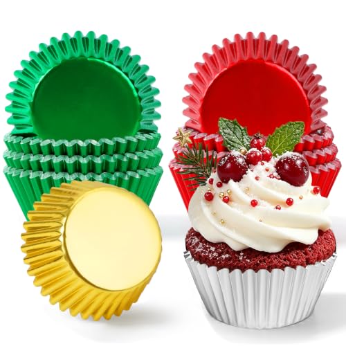 Christmas Cupcake Liners 200 Pack - Red Green Gold Silver Foil Baking Cups for Holiday Baking