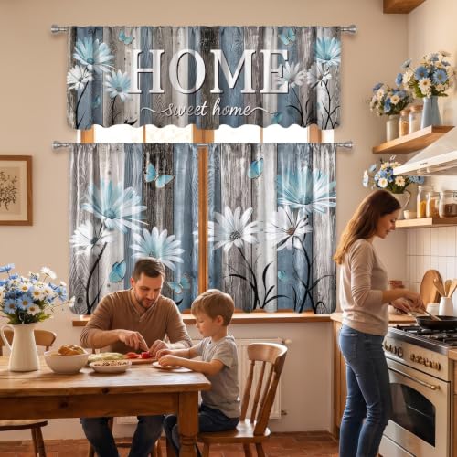 Farmhouse Daisy Kitchen Curtains and Valances Set Teal - Home Decor
