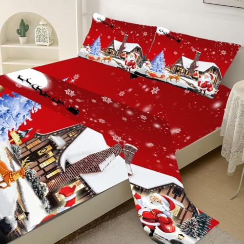 Merry Christmas Fitted Sheet Set Santa Deer Tree Snowman Queen Red & White