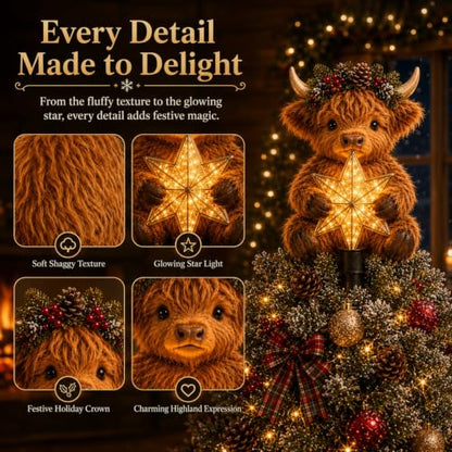 Baby Highland Cow Glowing Star Tree Topper - Lighted Christmas Decor 1PC