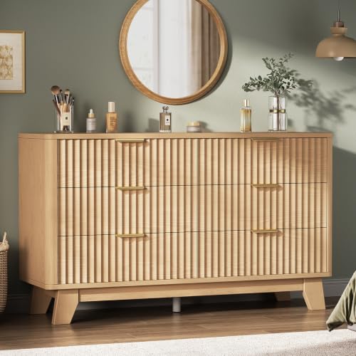 Jocoevol Fluted 6-Drawer Dresser with Gold Handles, Natural Finish