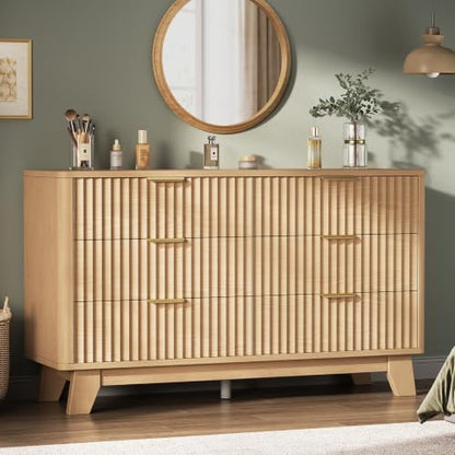 Jocoevol Fluted 6-Drawer Dresser with Gold Handles, Natural Finish