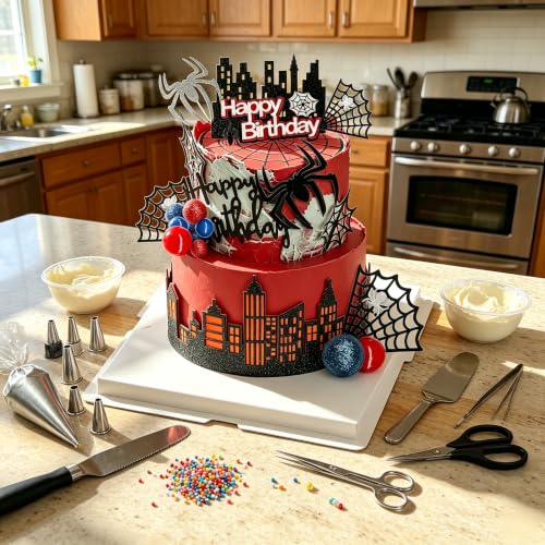46Pcs Spider Cake Toppers Set - Black Red Silver Yellow City Theme Decorations