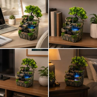 Indoor Tabletop Water Fountain with LED Light - Rockery Waterfall Decor