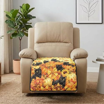 Fall Pumpkin Black Cat Quilted Recliner Chair Cover Waterproof Non Slip Armless Protector with Variation