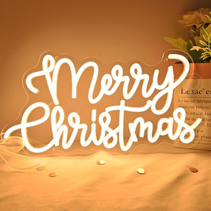 Warm Merry Christmas LED Neon Light Sign - Wall & Window Decor, 15.75x8.3 Inches