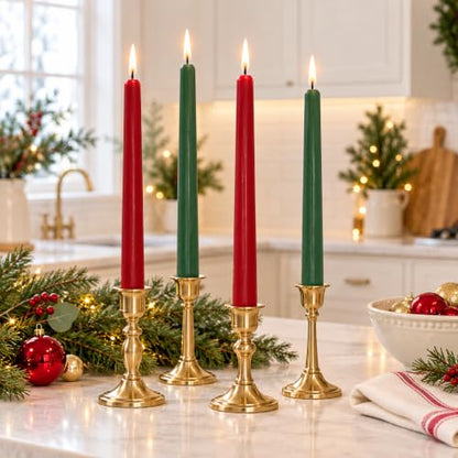 Christmas Red Green Taper Candles Set of 4 - 10 Inch Unscented Holiday Decor